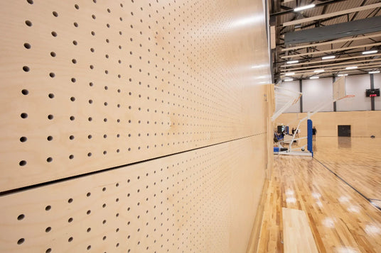 Acoustic perforated plywood wall panels in a modern indoor basketball court