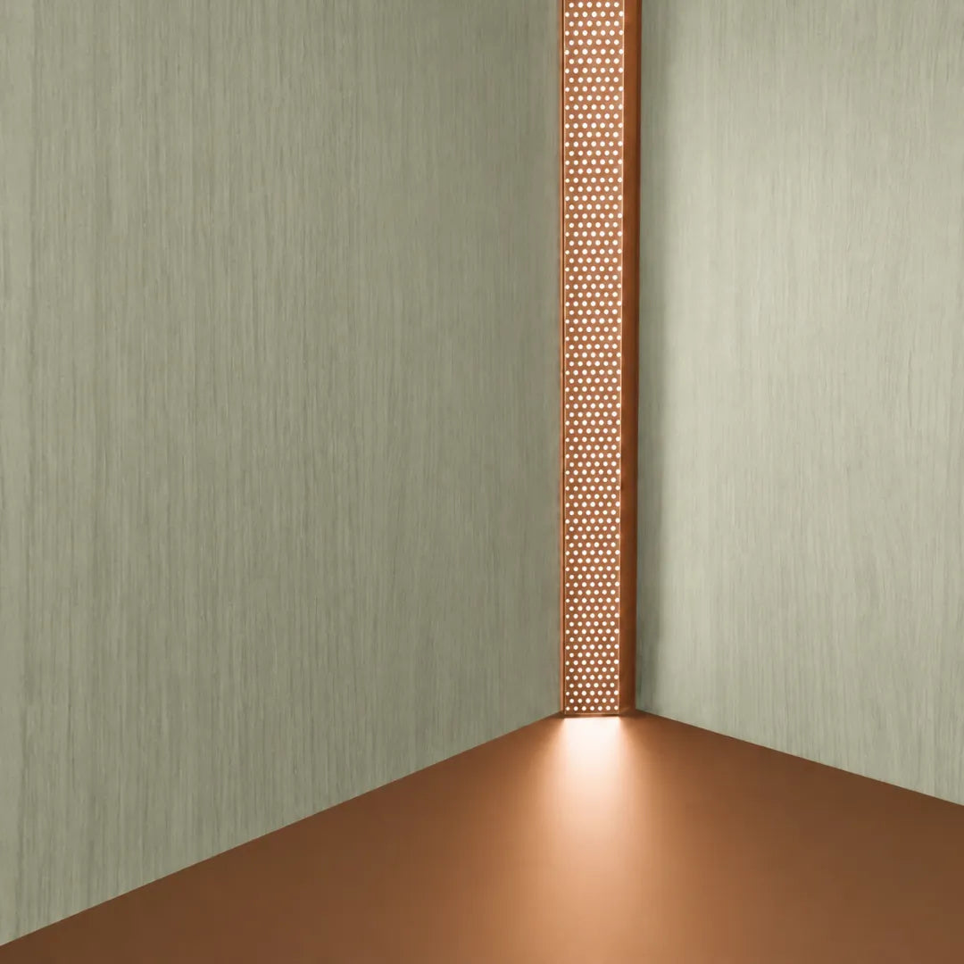 Micro-Perforated Aluminium LED Channel 45° Copper close-up - Ply Online