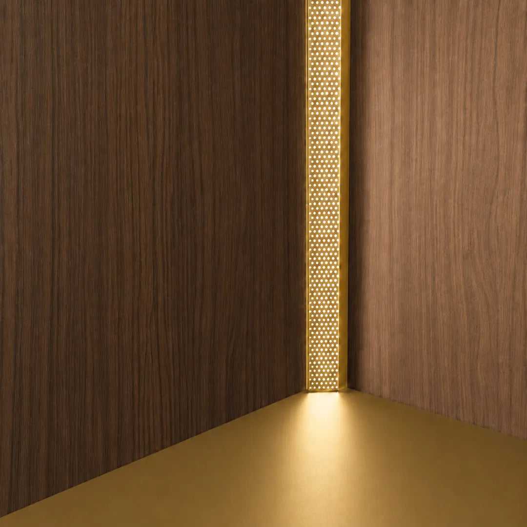 Micro-Perforated Aluminium LED Channel 45° Gold close-up - Ply Online