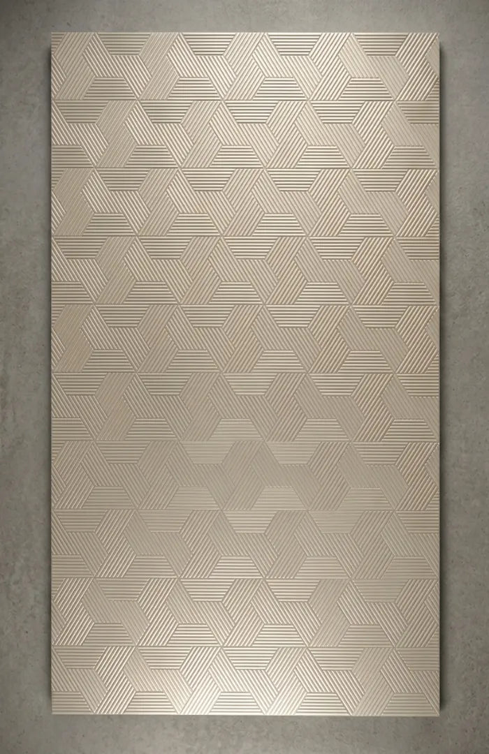 Architectural 3D MDF Wall Panel Basket Weave with a geometric pattern of interlocking hexagons and triangles, featuring a finish in champagne gold and beige tones, mounted on a textured grey wall - Ply Online