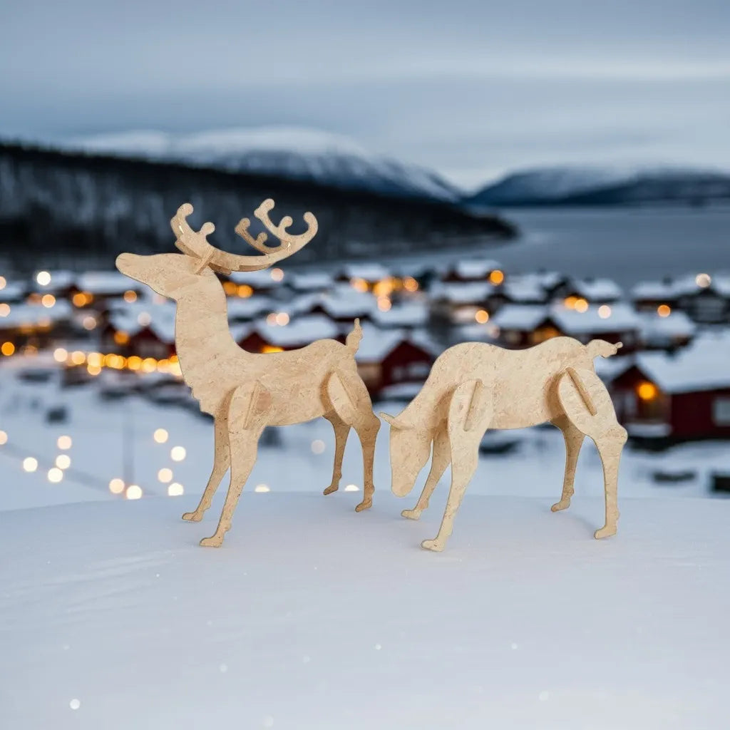 OSB3 reindeer figures on a snowy landscape with a town in the background.