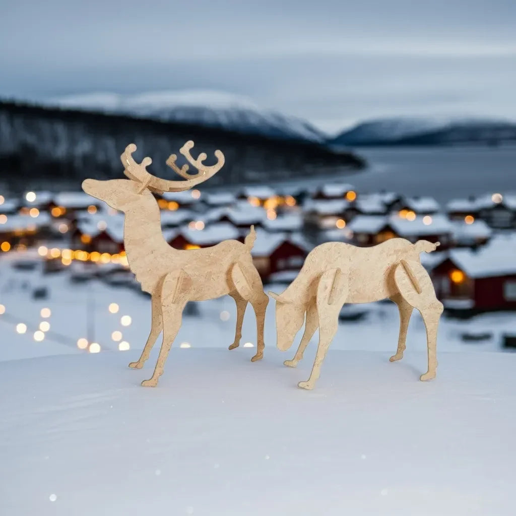 OSB3 reindeer figures on a snowy landscape with a town in the background.