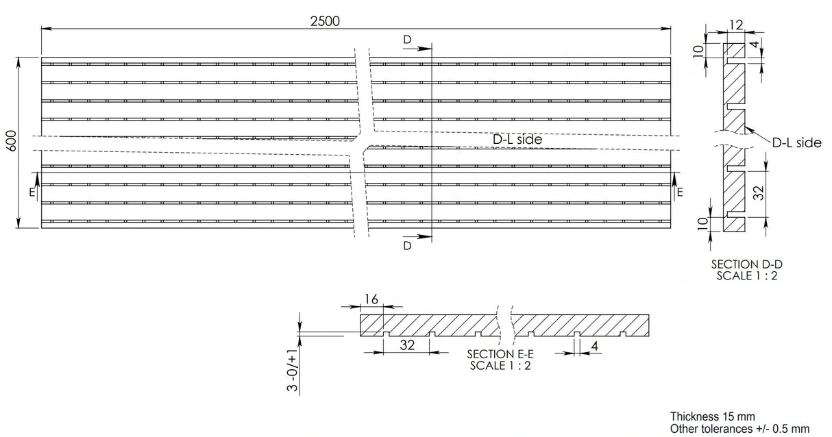 Technical drawing of grooved acoustic wall panel, showing dimensions and cross-sections.