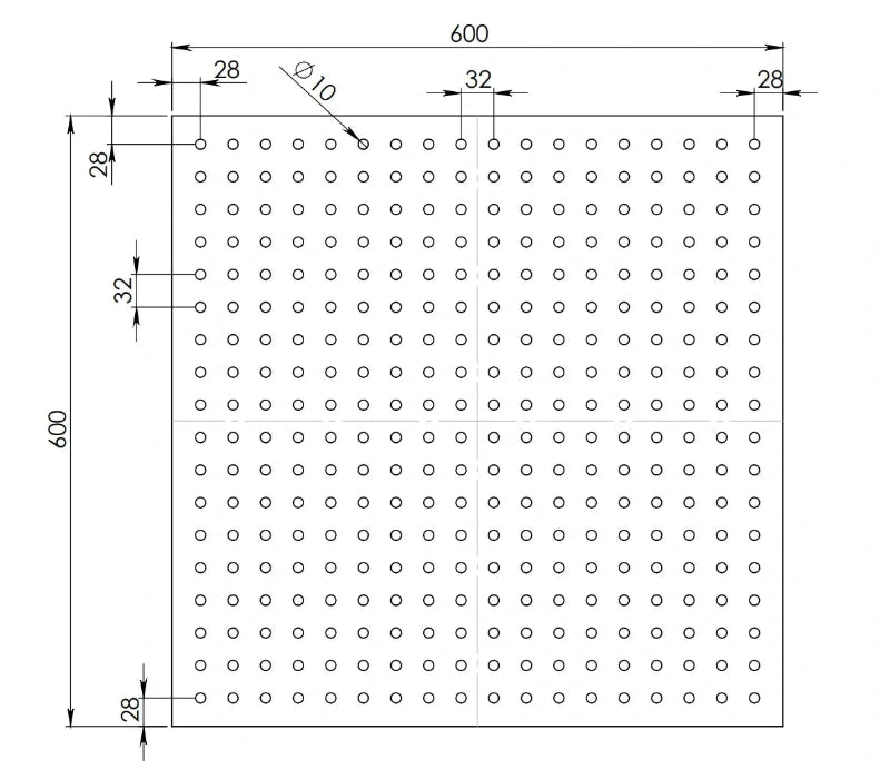 600x600mm acoustic plywood panel diagram with 10mm perforated holes and measurements