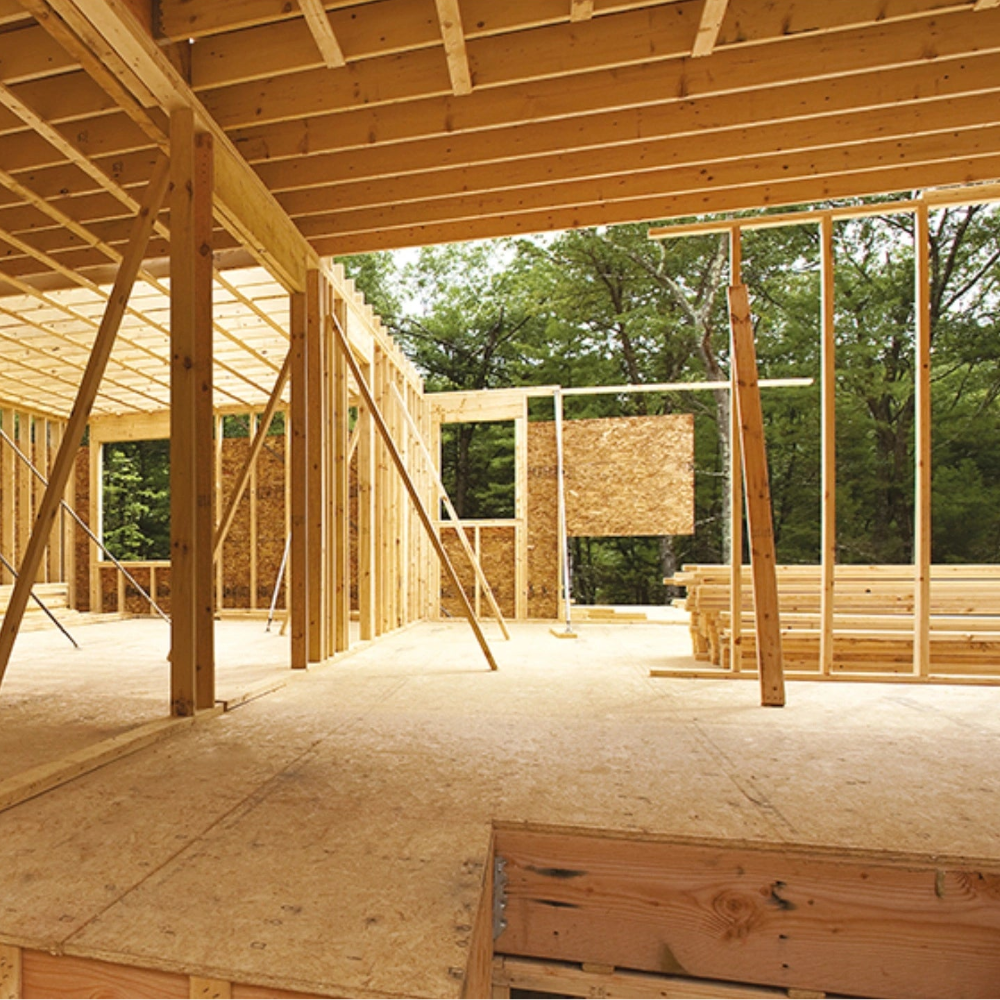 European Pine OSB3 bracing boards on timber frame construction site