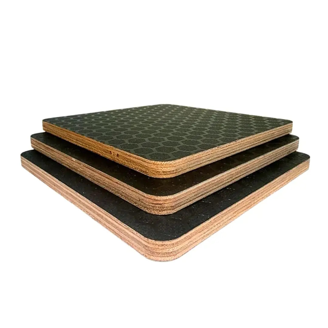 Hexa Black Eucalyptus Plywood F14 EXT 9mm three samples on a white background