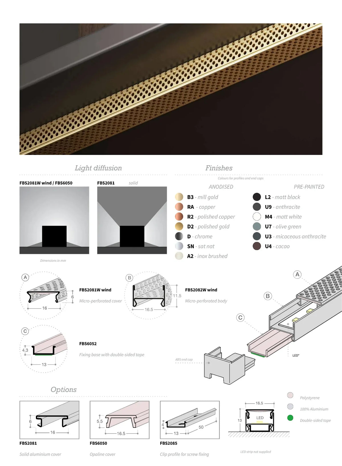 Technical specification sheet and colour options diagram for a Micro-Perforated Aluminium LED Channel 3D Windlight System , showing cross-sections, dimensions, and finish charts.