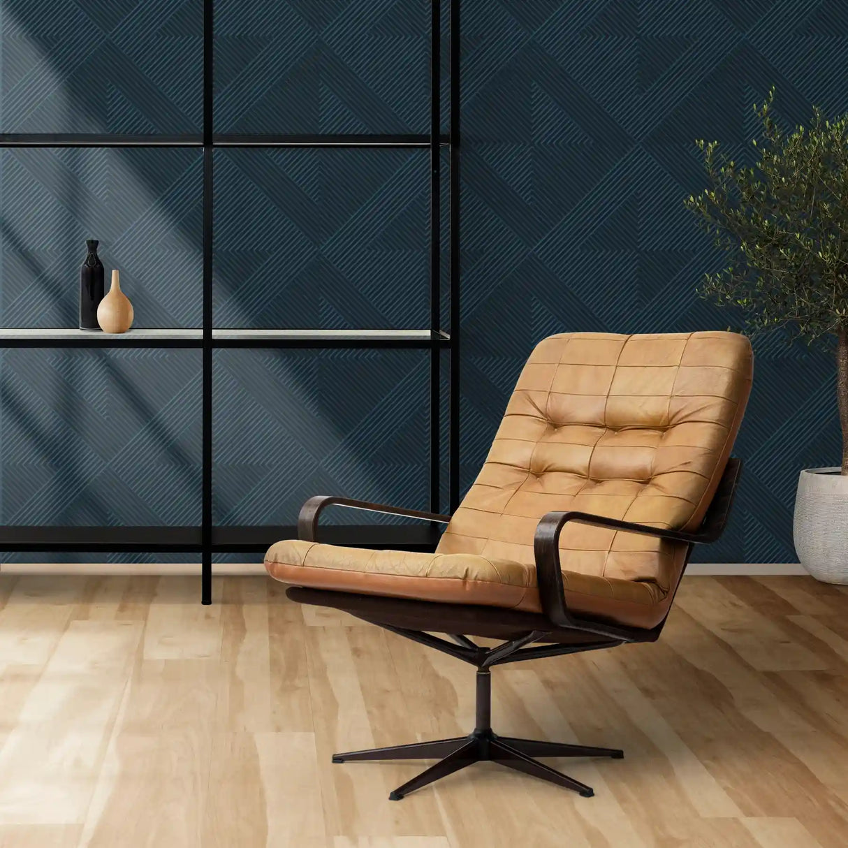 Rhomb wall panel black in a modern home office interior with a brown leather armchair