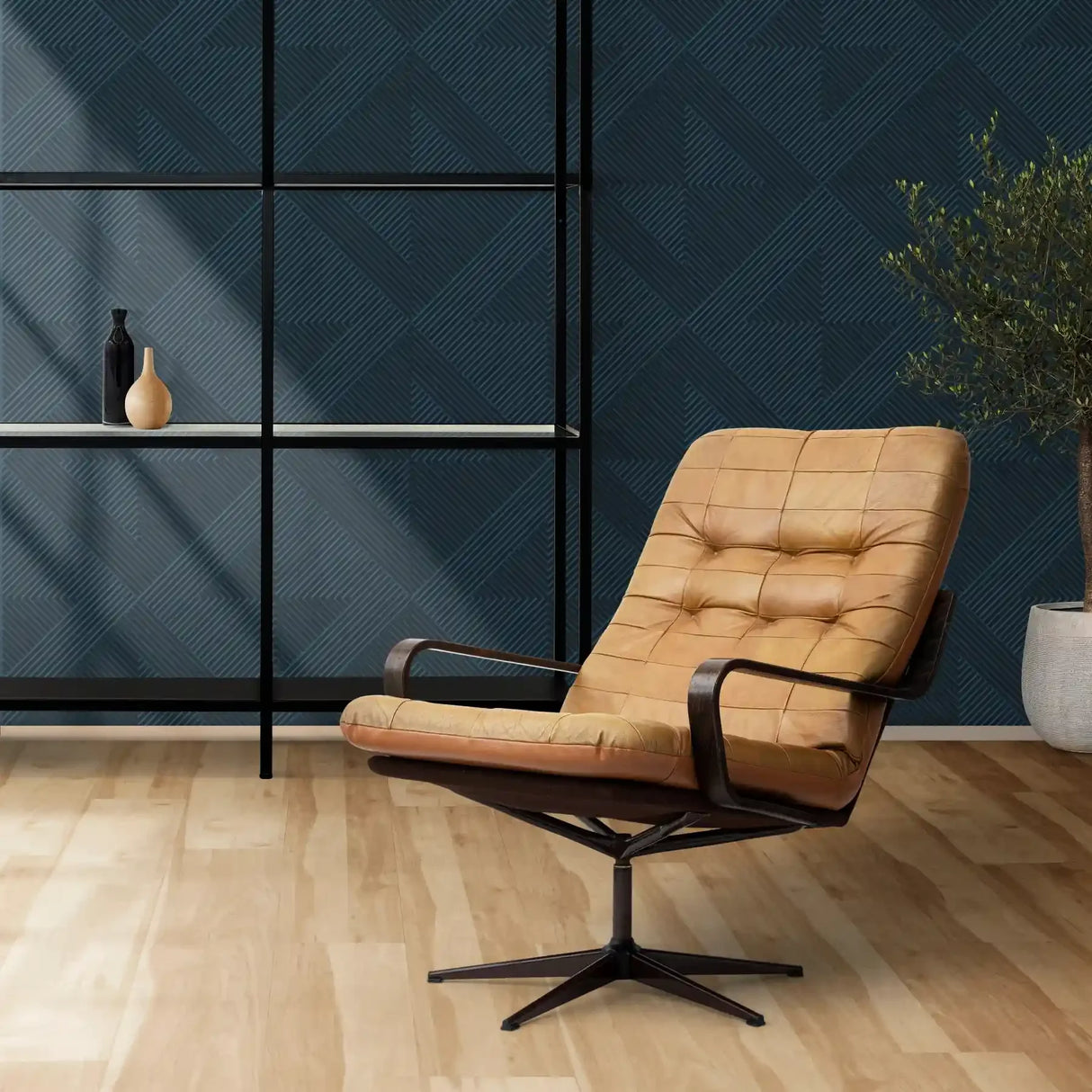 Rhomb wall panel black in a modern home office interior with a brown leather armchair