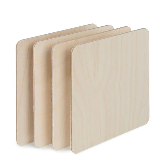 Stack of light birch plywood sheets with rounded corners, 4mm thick, on white background.