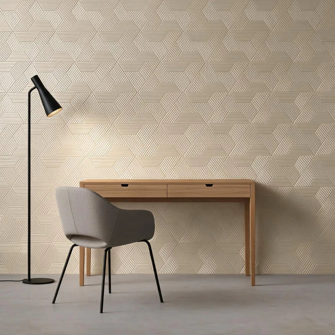 Architectural 3D MDF Wall Panel Basket Weave in a modern interior with grey armchair and wooden desk - Ply Online