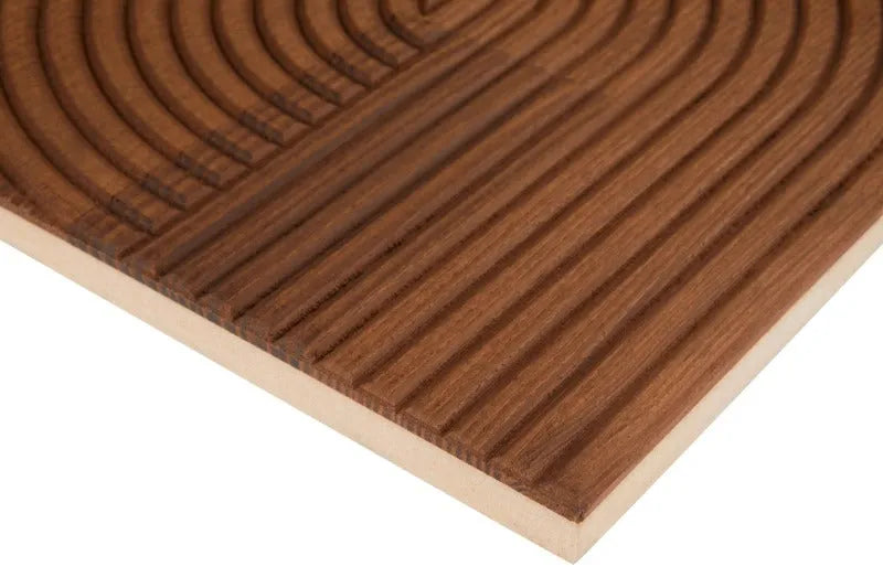 Decorative plywood wall panel with grooved geometric pattern and wood veneer surface