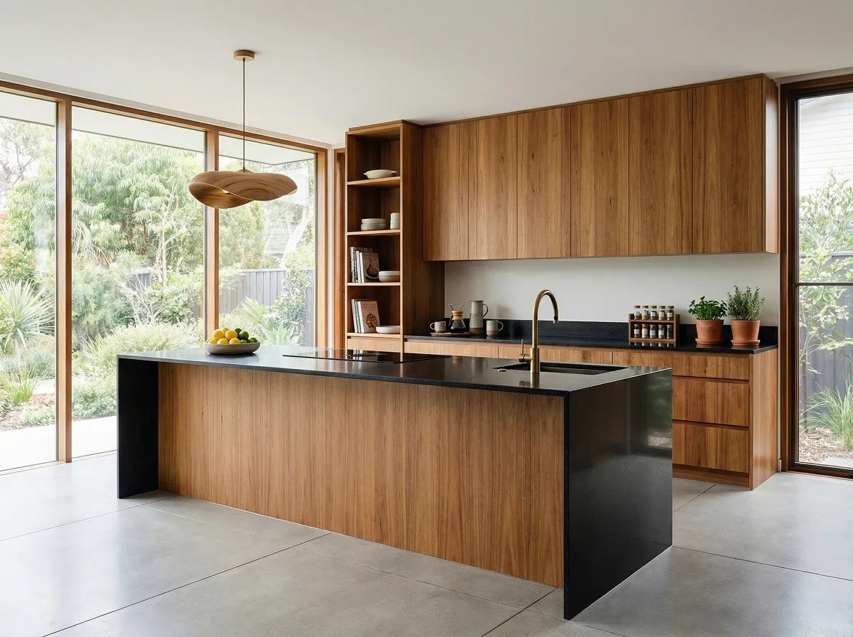 A modern kitchen interior with a large wood-and-black island made with Messmate Timber Veneer Panel A/B UV-Coated FOSB 19x2745x1220 mm - Ply Online.