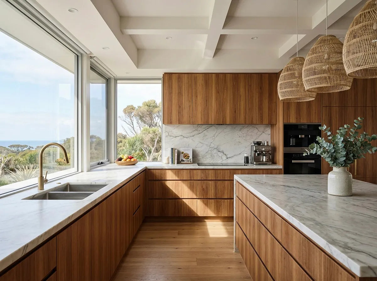 A modern L-shaped kitchen white marble countertops and backsplash, large windows with ocean views, woven pendant lights, and cabinetry made with Messmate Timber Veneer Panel A/B UV-Coated FOSB 19x2745x1220 mm - Ply Online.