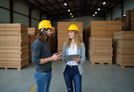 Building supplies warehouse: a man and a woman in yellow hard hats in front of the packs of plywood