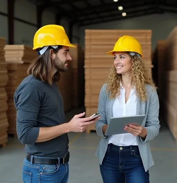 Building supplies warehouse: a woman and a man in yellow hard hats in front of the packs of plywood