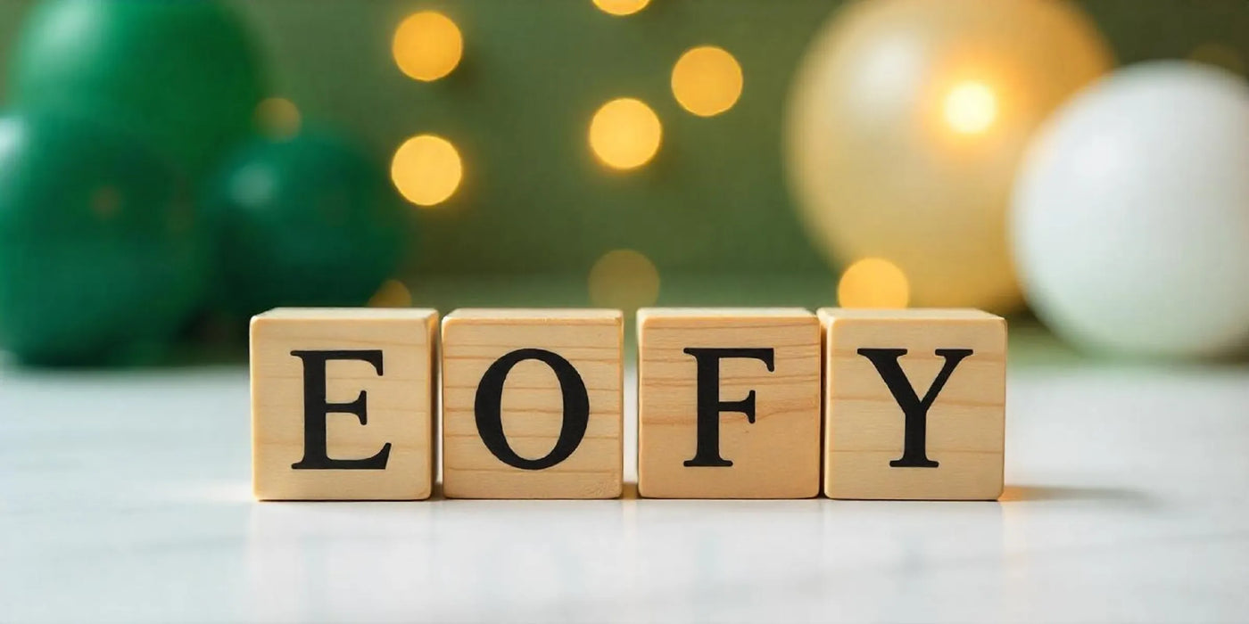 EOFY Sale banner with wooden cubes displayed letters 'EOFY'