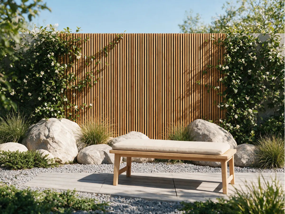 Landscaped garden with a timber batten privacy fence and outdoor bench - Ply Online