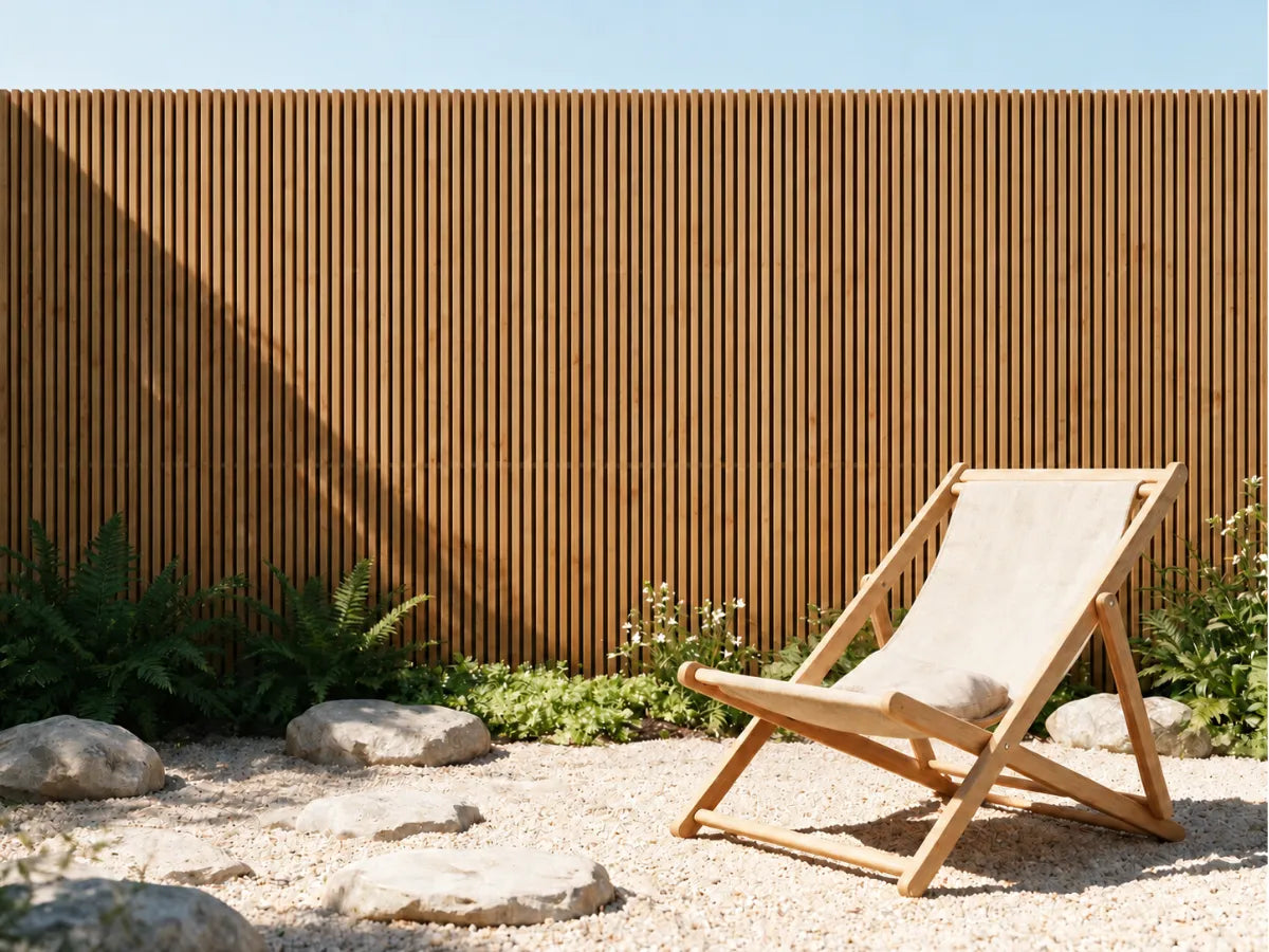 A light natural wood folding deck chair with a beige canvas sling sits on a gravel patio in front of a tall bamboo slat fence with green plants.