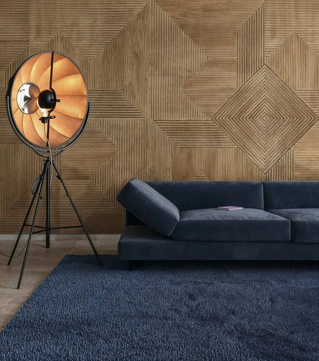 Architectural Wall Panel Mirage with navy blue sofa - Ply Online