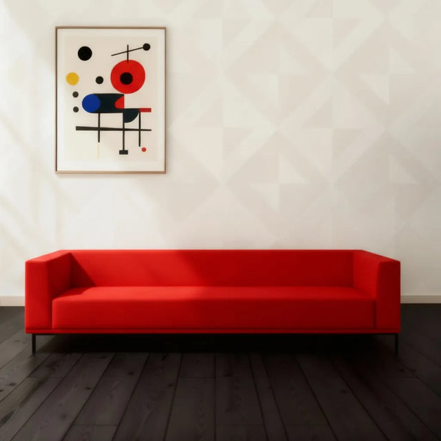 Rhomb wall panel white in a modern  interior with a red sofa