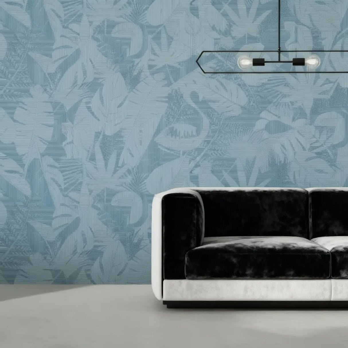 Selva wall panels light blue in a modern interior with a velvet sofa