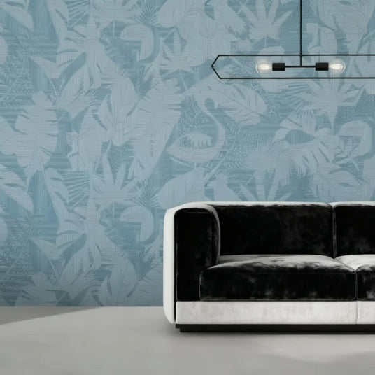 Selva wall panels light blue in a modern interior with a velvet sofa