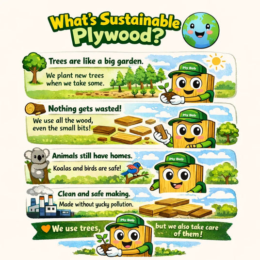 Educational poster about sustainable plywood with cartoon character Ply Bob and illustrations.