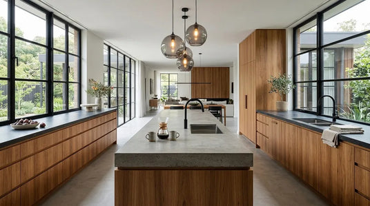 Modern kitchen with wood-veneered cabinets, a island, and large windows.