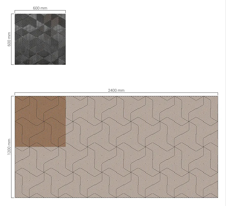 Geometric patterned architectural plywood panel in black with dimensions, suitable for cladding or decorative wall use.