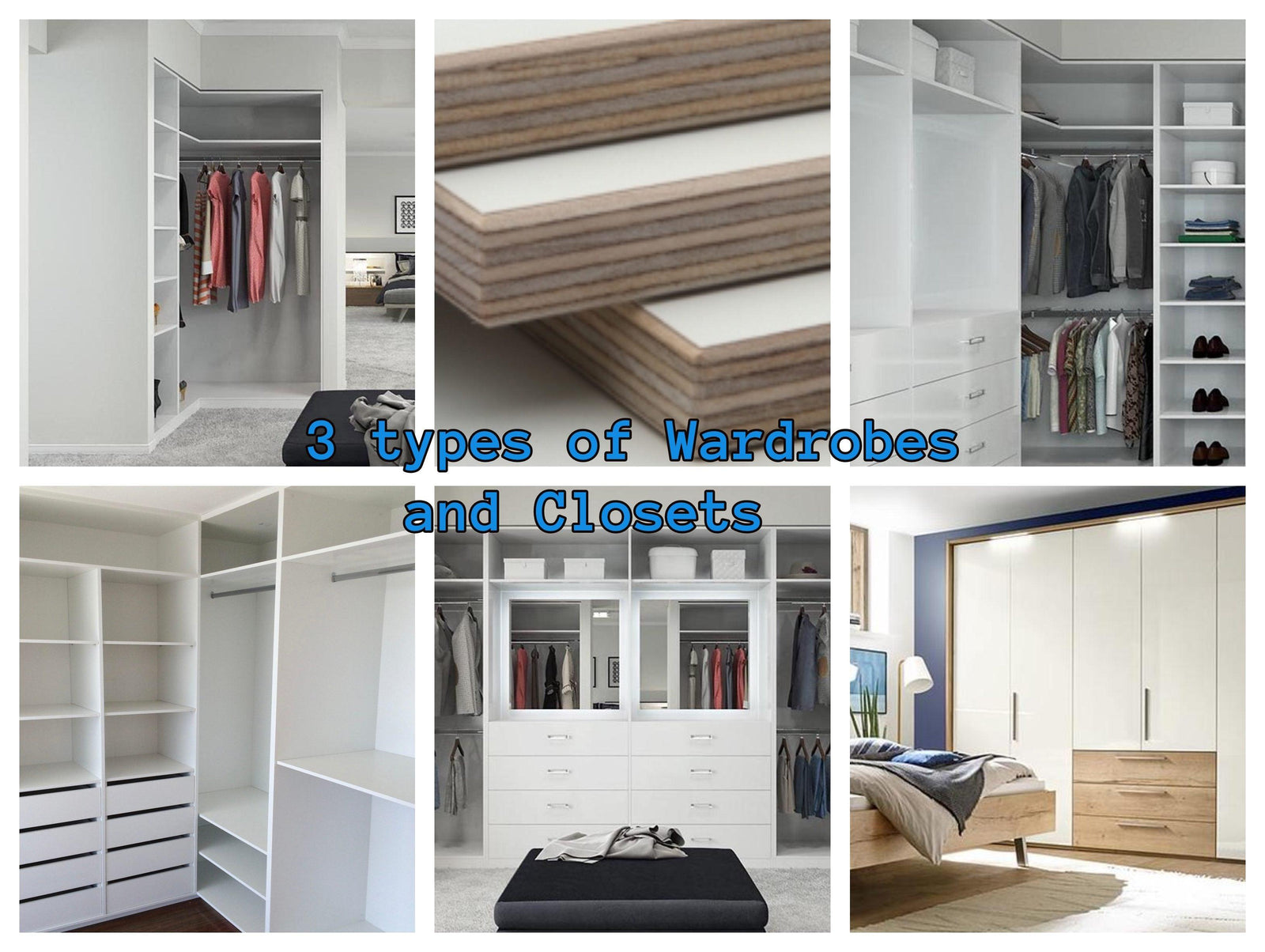 Three types of modern wardrobes and closets with plywood shelves and organized storage.