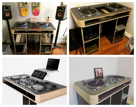 Modern DJ tables made from birch plywood with vinyl and mixer storage compartments
