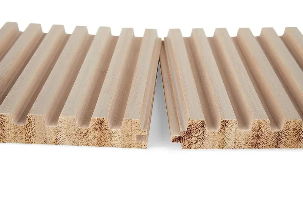 Trenched bamboo cladding panels with limewash finish and tongue and groove edges