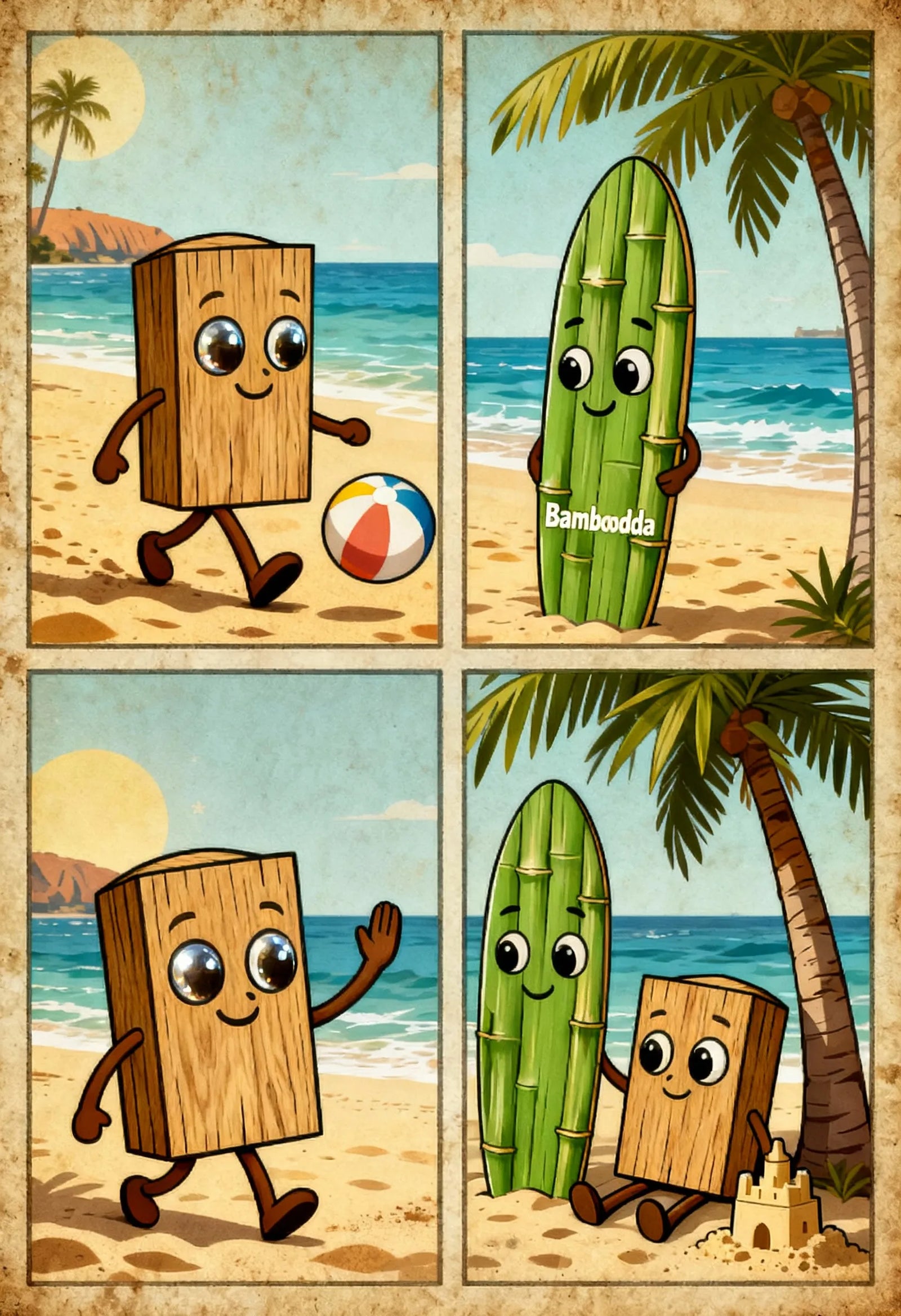 Plywood carachters Ply Bob and Baboodda in the beach comic illustration