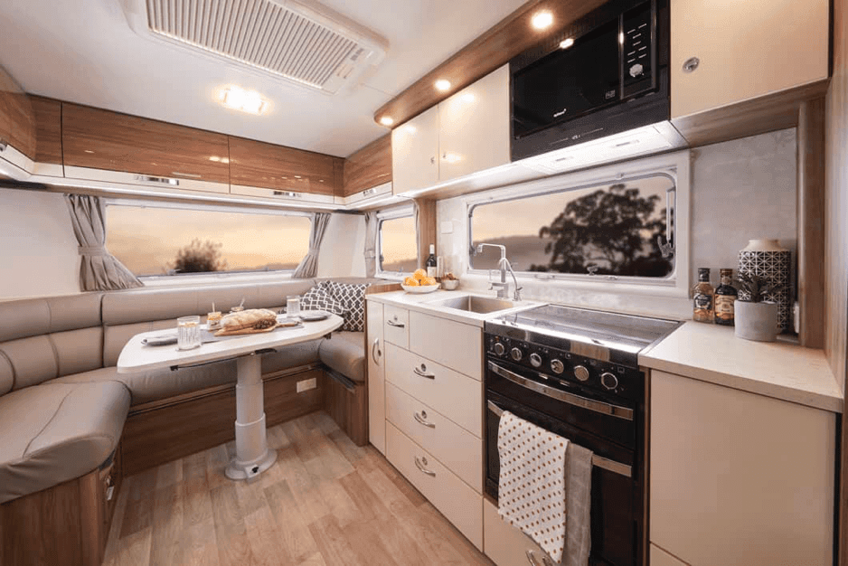 Modern caravan interior with HPL poplar plywood cabinetry and kitchen