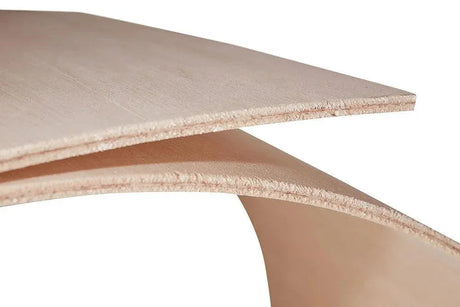 Close-up of flexible bendy plywood sheets with smooth surface, ideal for curved woodworking projects.