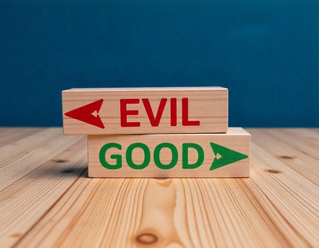 Plywood bricks with words 'Good' and Evil' on the wooden surface