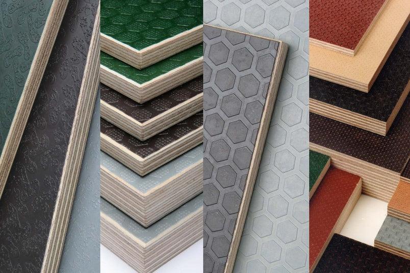 Stacked birch plywood sheets with textured, non-slip surfaces in various colors and patterns.