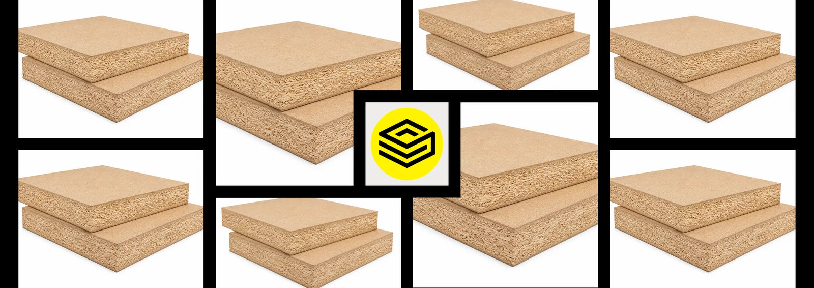 Collage of fine oriented strand board panels showing smooth surface layers, textured FOSB-style core edges and stacked board construction - Ply Online
