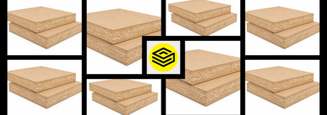 Collage of fine oriented strand board panels showing smooth surface layers, textured FOSB-style core edges and stacked board construction - Ply Online