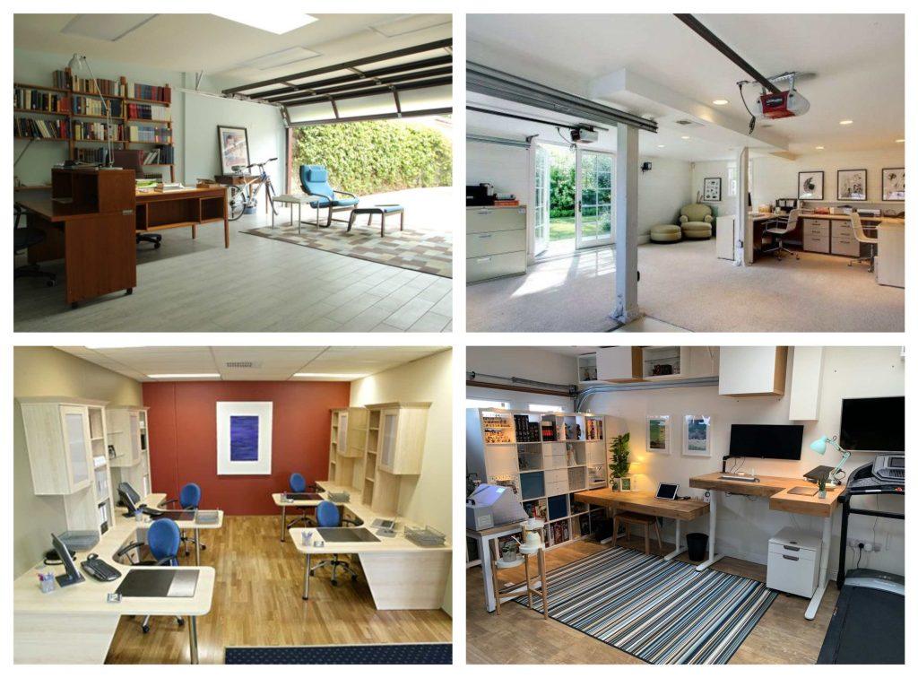 Modern garage converted to home office using plywood furniture and storage solutions.