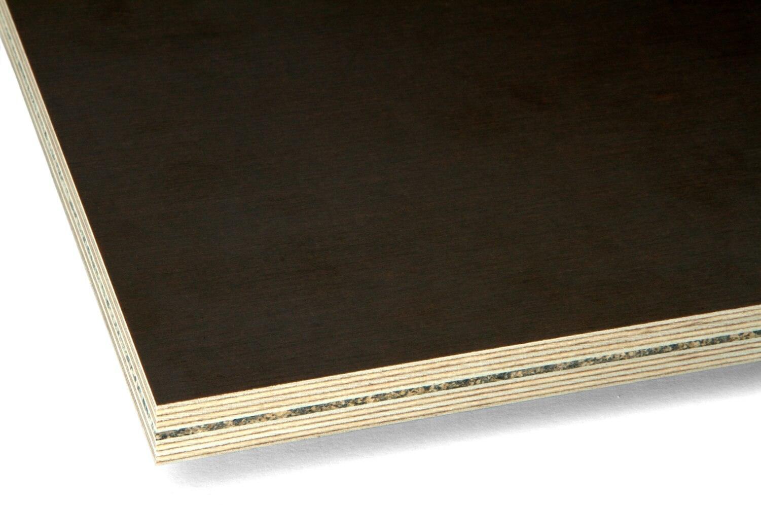 Close-up of black birch plywood sheet showing layered acoustic core construction