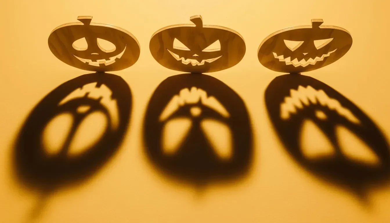 Laser-cut plywood Halloween pumpkin decorations casting spooky shadows