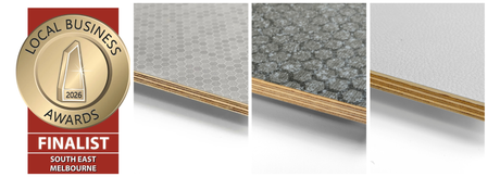 Collage with Local Business Awards Finalist Logo and plywood samples - Ply Online
