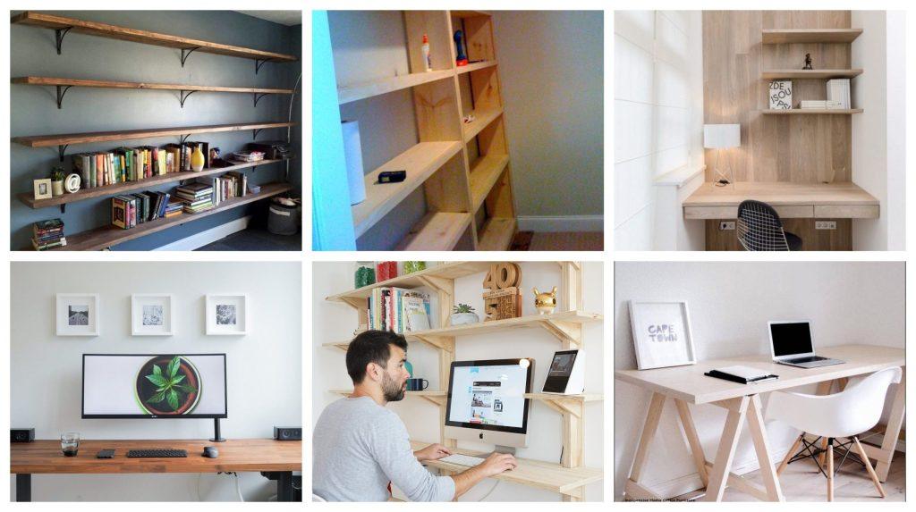 Modern garage office setups with plywood desks and shelving, ideal for home workspace inspiration