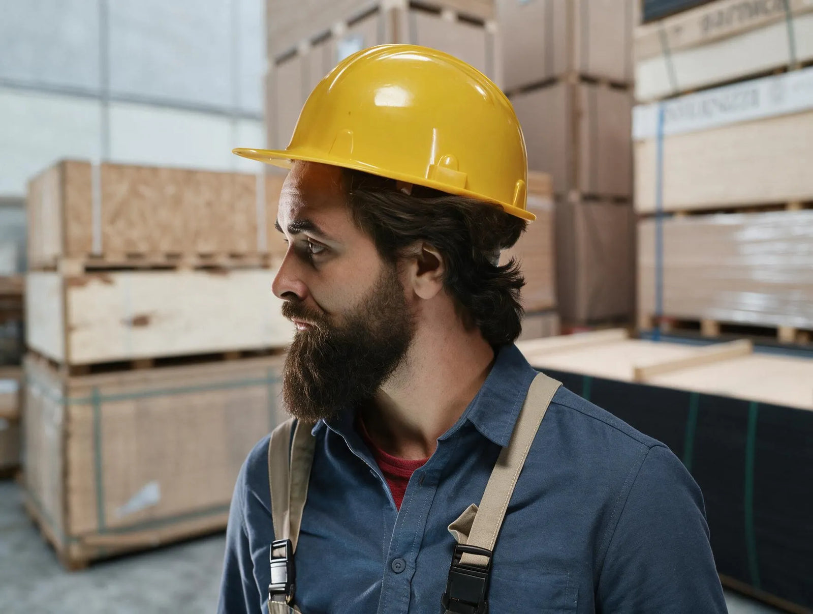 A bearded storage worker wearing a yellow hard hat, blue work shirt and beige safety suspenders stands in profile looking to the left. Stacks of plywood crates and pallets are visible in the background of the Ply Online warehouse.