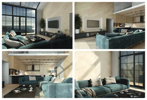 Modern living room and kitchen with plywood walls, large windows, and teal sofas