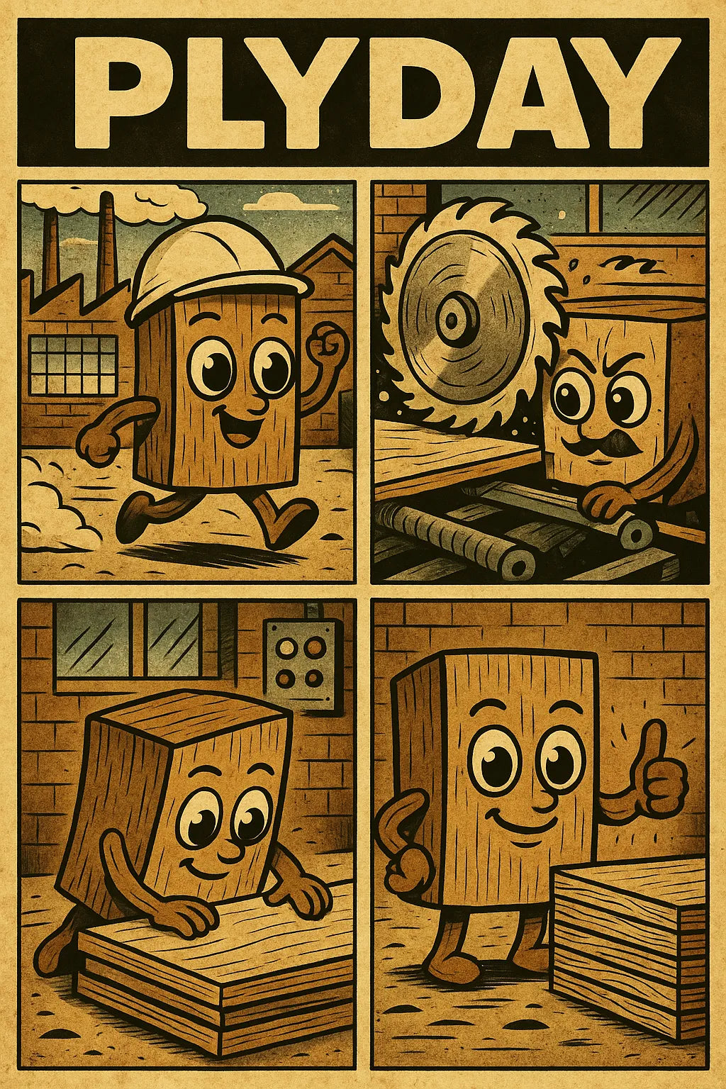 Comic about plywood characters working in the factory