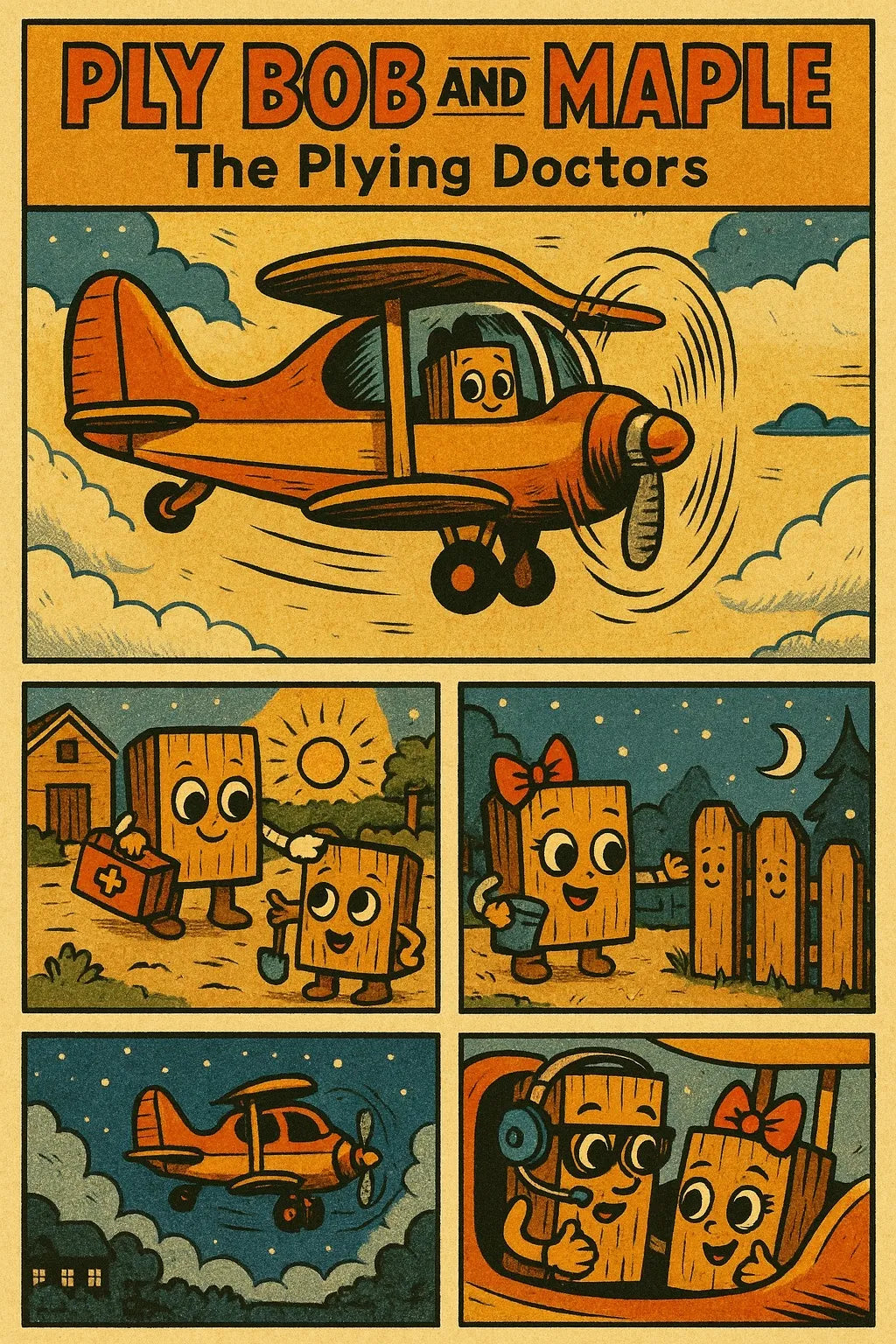 Plywood characters Ply Bob and Maple in a comic 'Plying Doctors'' 