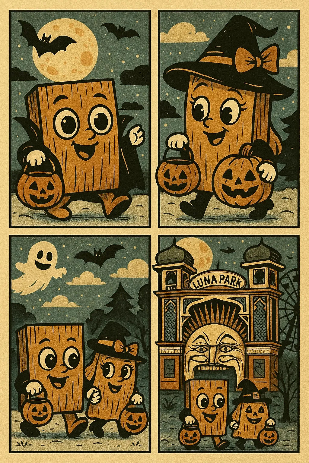 Plywood Characters in the Halloween-style comic illustration 